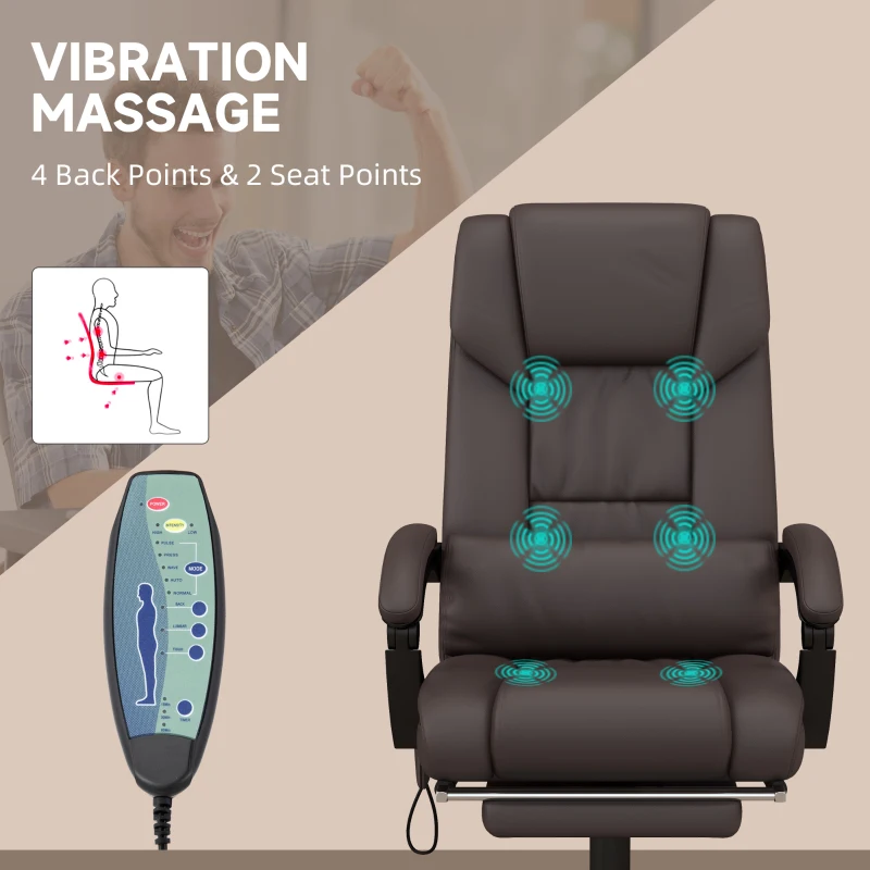 Vinsetto 6-Point Vibration Massage Chair, Height Adjustable Reclining Computer Chair with Retractable Footrest, Brown