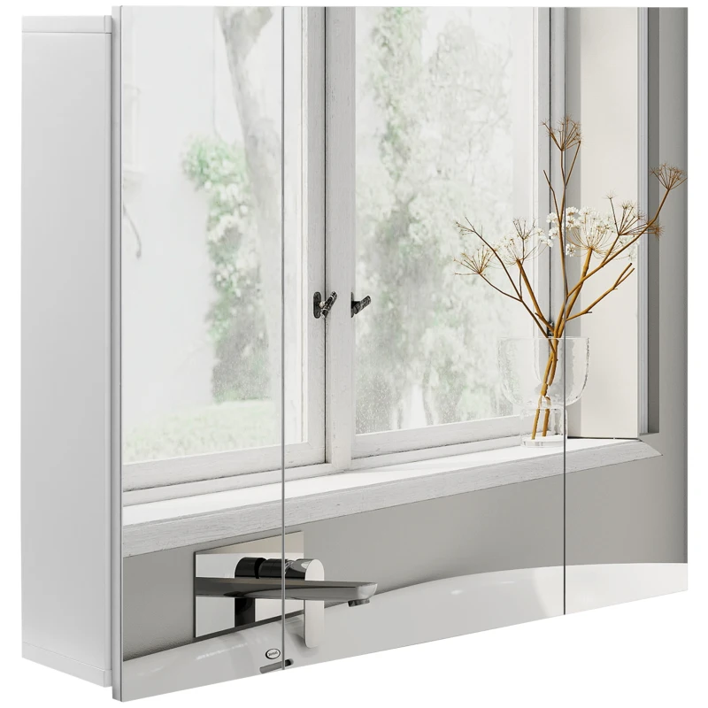 kleankin 28" x 24" Wall Mounted Mirror Cabinet, Bathroom Medicine Cabinet with Mirror, 3 Doors and Adjustable Shelves, White