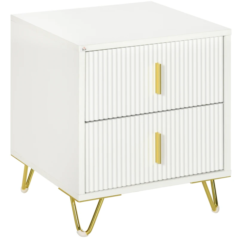 HOMCOM Bedside Table, Modern Nightstand with 2 Drawers, Side End Table with Metal Legs for Living Room, Bedroom, White