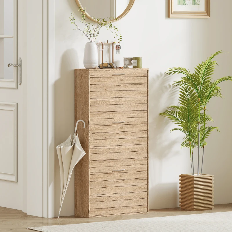 HOMCOM Shoe Storage Cabinet with 3 Flip Drawers, Narrow and Slim, 12 Pair of Shoes Organizer for Hallway, Entryway, Oak