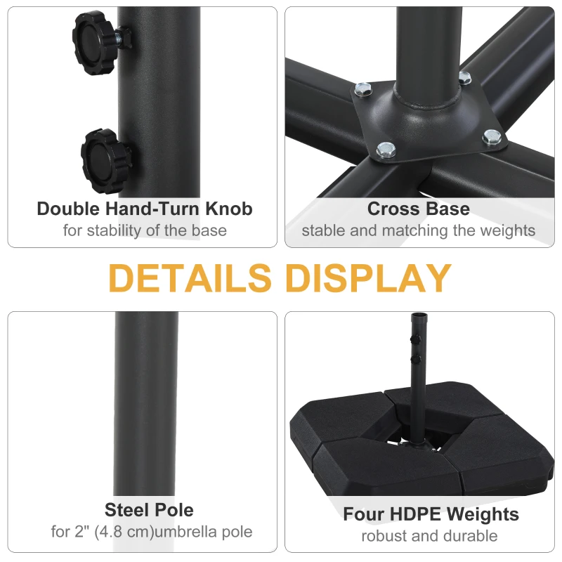 Outsunny Umbrella Stand Fitting 2" Poles and Steel Base with 4 Fillable Plastic Weights, 158lbs Sand or 132lbs Water Filled, Black