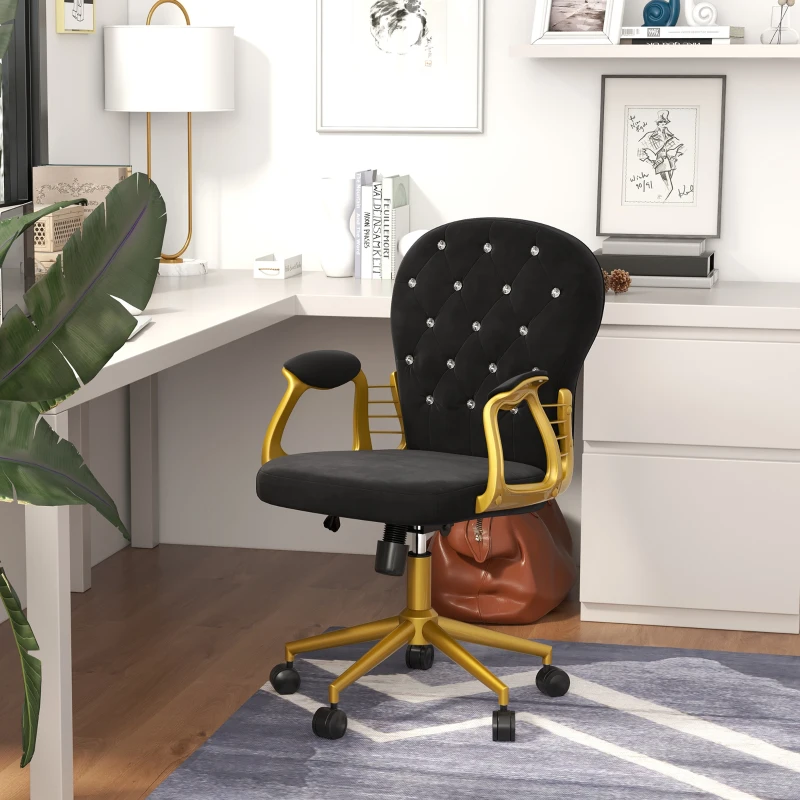Vinsetto Velvet Office Desk Chair Button Tufted Vanity Chair with Swivel Wheels, Adjustable Height and Tilt Function, Black