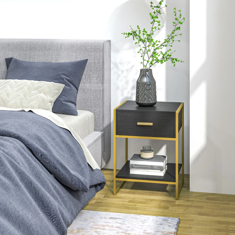 HOMCOM Modern Nightstand Set Of 2, Small Bedside Table with Drawer, Shelf and Steel Frame for Bedroom, Black