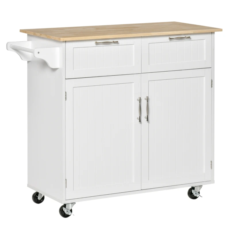HOMCOM Rolling Kitchen Island with Storage Drawers, Kitchen Cart with Rubber Wood Top, Cabinet & Towel Rack, White