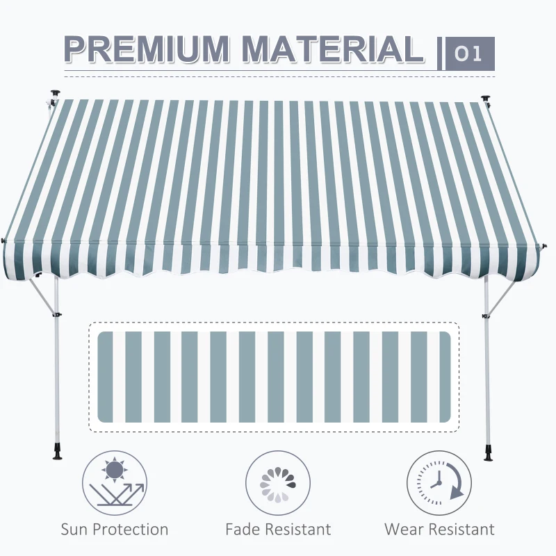 Outsunny 10x5ft Manual Retractable Awning, Patio Sun Shade Canopy Shelter with 5.6-9.2ft Support Pole, Water Resistant UV Protector, for Window, Door, Porch, Deck, Green