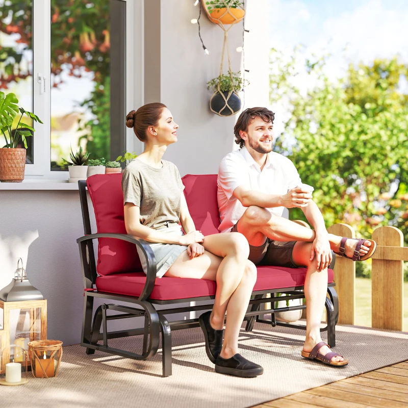 Outsunny 2-Person Outdoor Glider Chair, Patio Double Rocking Loveseat with Steel Frame and Cushions for Backyard, Garden and Porch, Red