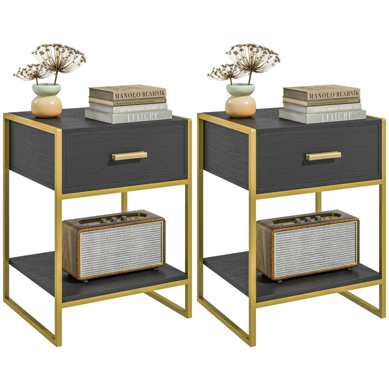 HOMCOM Modern Nightstand Set Of 2, Small Bedside Table with Drawer, Shelf and Steel Frame for Bedroom, Black