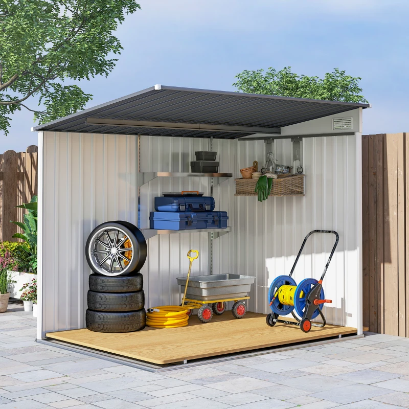 Outsunny 5x7 Garden Shed, Lean-to Metal Storage with Foundation, Sliding Door & 2 Vents for Garden Tools, White