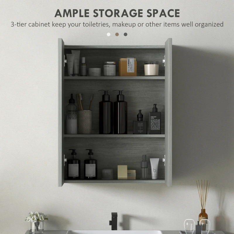 HOMCOM Wall Mount Mirrored Medicine Cabinet, Bathroom Mirror Cabinet with Adjustable Shelf, Double Soft Closing Doors, Grey