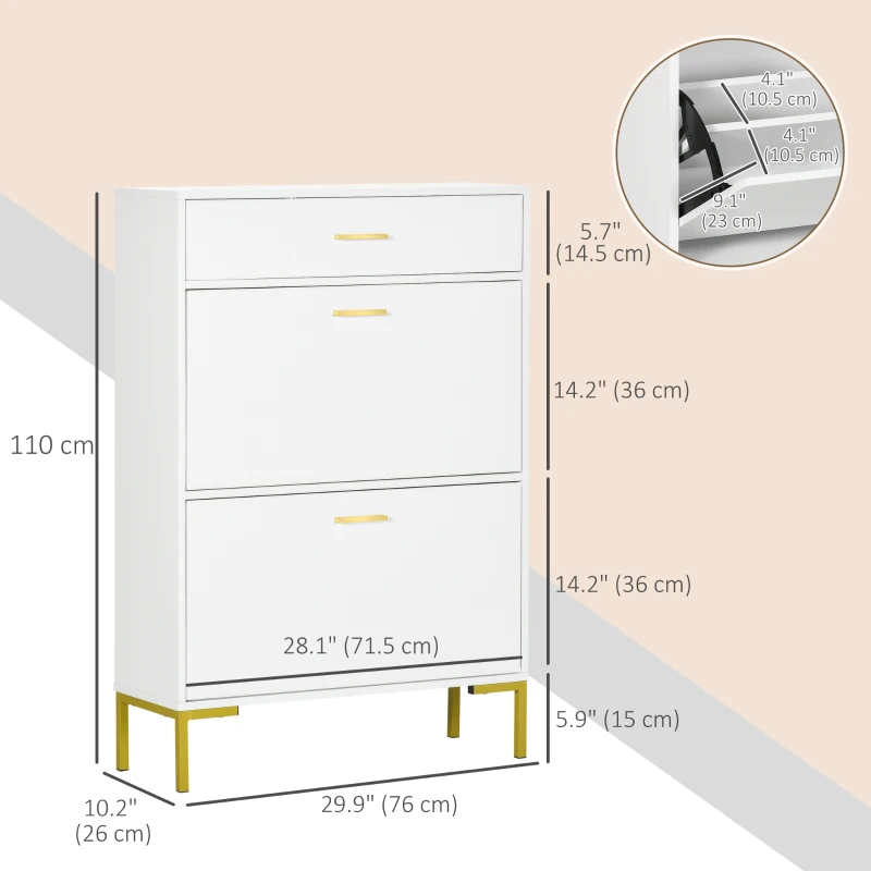 HOMCOM Modern Shoe Cabinet Storage 12 Pair Shoe Organizer with 2 Flip Doors Drawer and Adjustable Shelf White