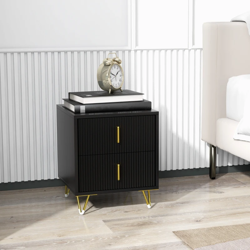 HOMCOM Bedside Table, Modern Nightstand with 2 Drawers, Side End Table with Metal Legs for Living Room, Bedroom, Black