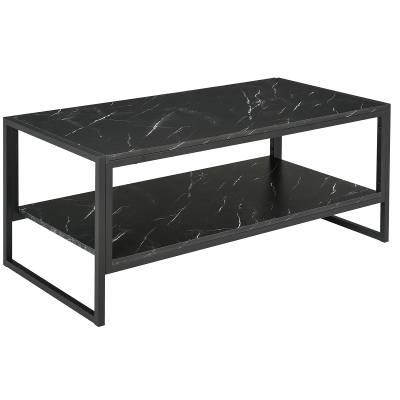 HOMCOM 2-Tier Coffee Table with Storage Shelf, Cocktail Table with Marble Textured Table Top, for Living Room Bedroom Dorm, Black
