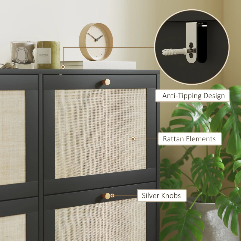 HOMCOM Narrow Shoe Storage Cabinet, Rattan Shoe Cabinet with 4 Flip Drawers and Adjustable Shelves for 20 Pairs, Black