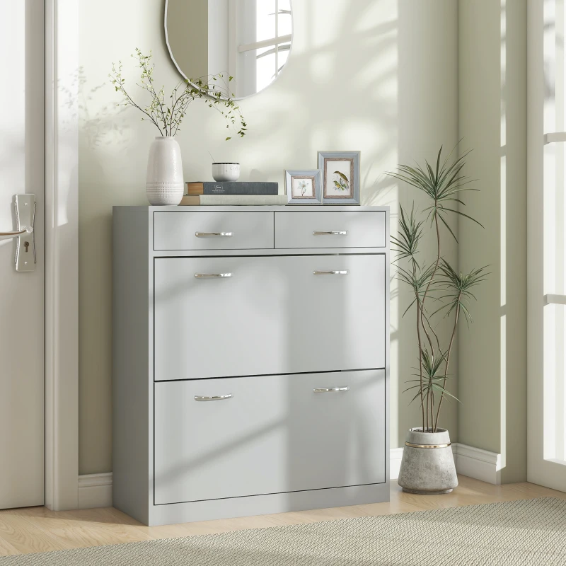 HOMCOM Narrow Shoe Storage with 2 Flip Drawers and Adjustable Shelves Shoe Organizer Cabinet for 12 Pairs of Shoes, Grey