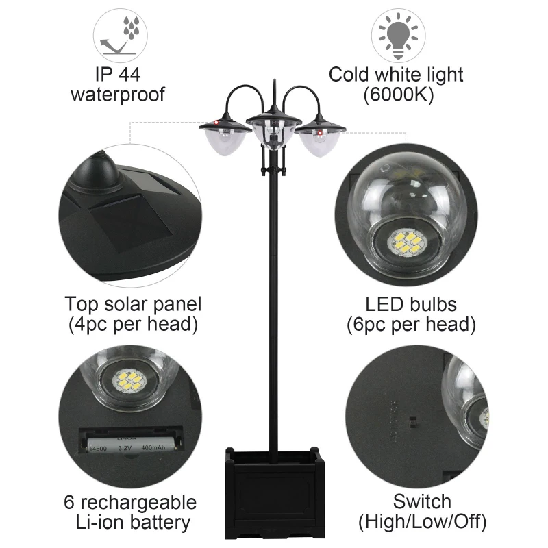Outsunny 3-head LED Solar Light Lamp Street Light Post with Planter, Solar-powered Lamp Post, Black