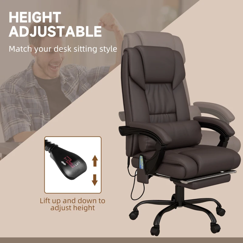 Vinsetto 6-Point Vibration Massage Chair, Height Adjustable Reclining Computer Chair with Retractable Footrest, Brown