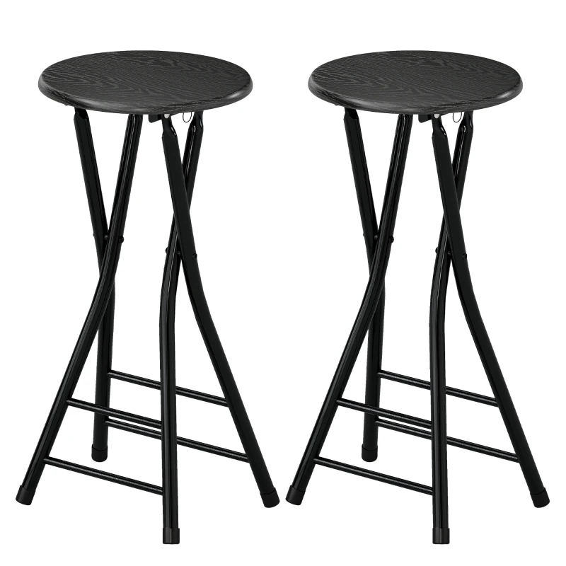HOMCOM Set of 2 Foldable Barstools, Counter Height Bar Stools with Footrest and Steel Legs for Kitchen Island, Black