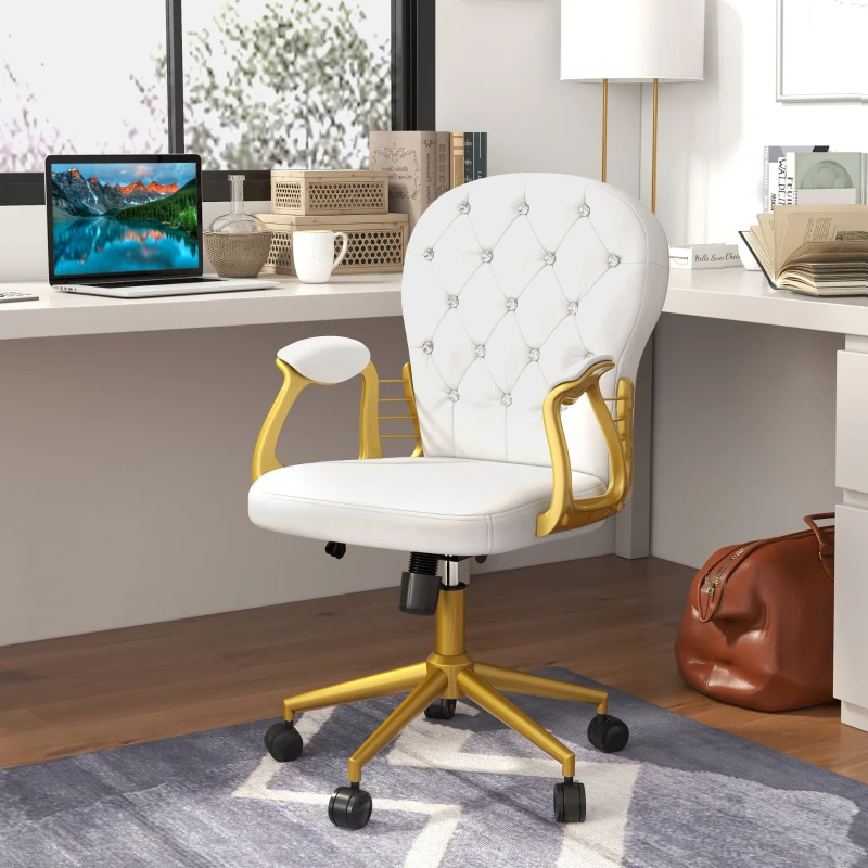Vinsetto Velvet Office Desk Chair Button Tufted Vanity Chair with Swivel Wheels, Adjustable Height and Tilt Function, Cream White