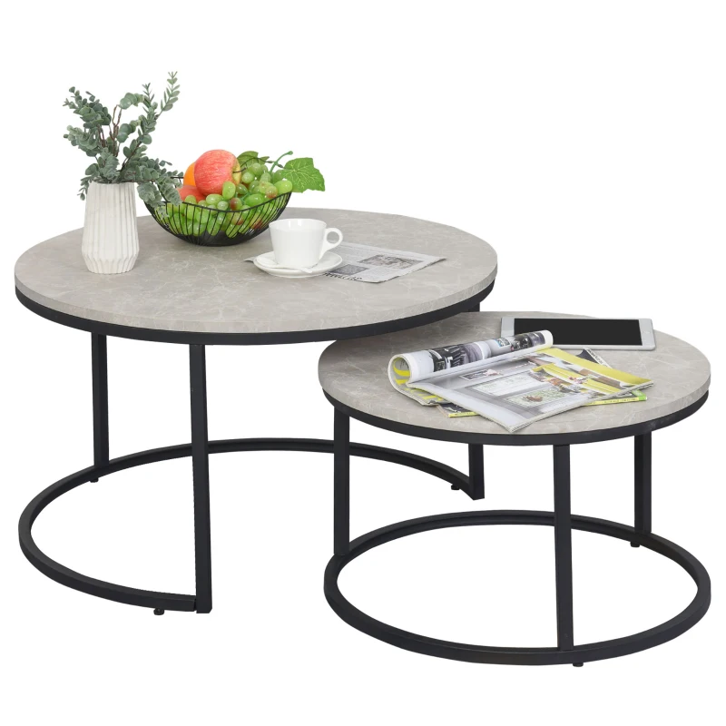 HOMCOM Modern Coffee Table Set of 2, Nesting Side Tables w/ Metal Base for Living Room Bedroom Office Cement Grey