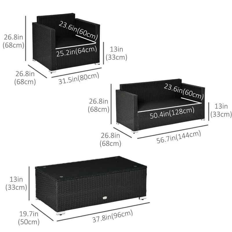Outsunny 4 Pieces Wicker Patio Furniture Set with Thick Cushions, Outdoor PE Rattan Conversation Sofa Set with Glass Top Table & Extra Wide Seat, Sky Blue