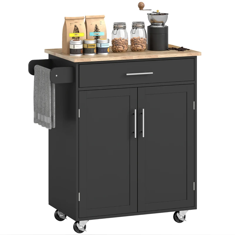 HOMCOM Kitchen Island Cart, Rolling Island Table with Solid Wood Top, Trolley Cart with Drawer, Storage Cabinet & Towel Rack, Black