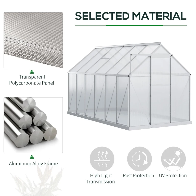 Outsunny 6' x 12' x 6.5' Walk-in Greenhouse, Polycarbonate Greenhouse with Adjustable Roof Vent, Base, Sliding Door, Clear