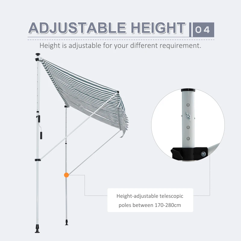 Outsunny 10x5ft Manual Retractable Awning, Patio Sun Shade Canopy Shelter with 5.6-9.2ft Support Pole, Water Resistant UV Protector, for Window, Door, Porch, Deck, Green