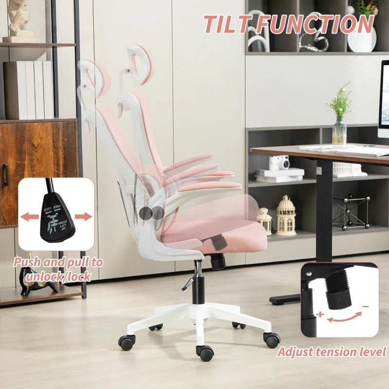 Vinsetto High Back Office Chair, Mesh Computer Desk Chair with Rotatable Headrest, Lumbar Back Support, Adjustable Height, Pink