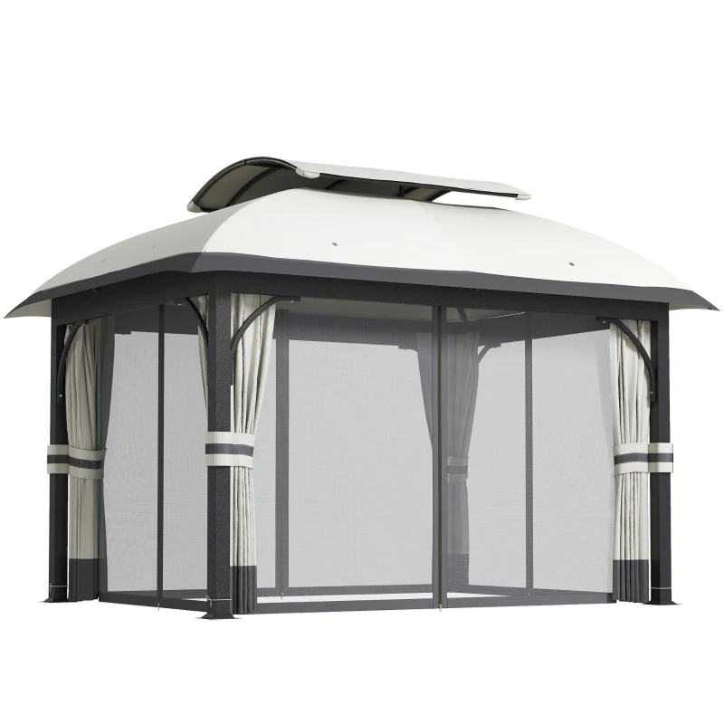 Outsunny 11' x 13' Patio Gazebo, Double Roof Outdoor Gazebo Canopy with Netting & Curtains, Galvanized Metal Frame, Light Grey