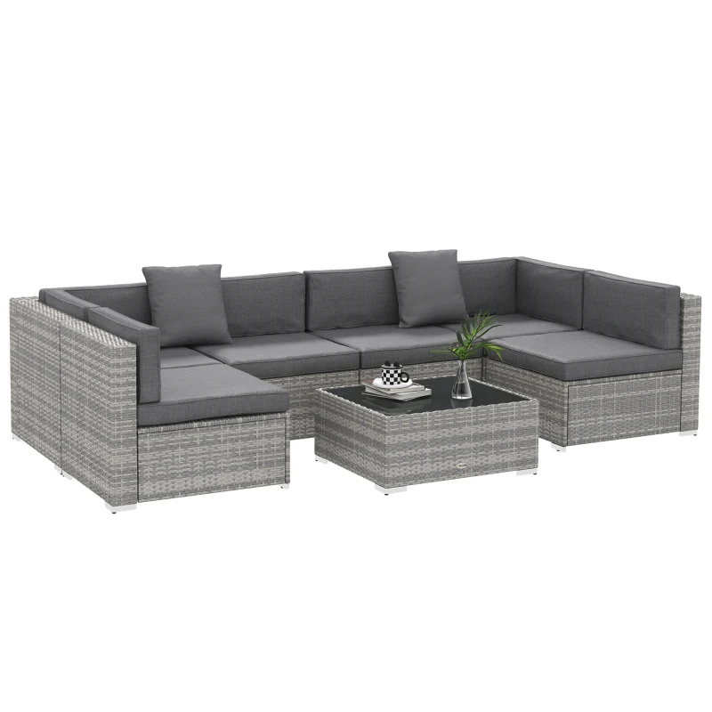 Outsunny 7pc Patio Wicker Set w/ Tea Table Wicker Sectional Sofa Set Grey