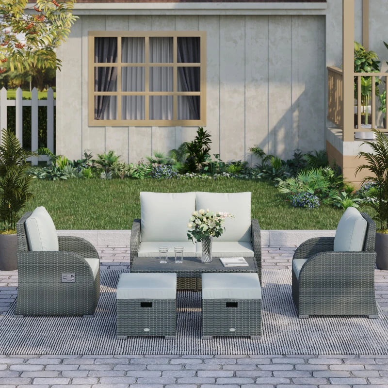 Outsunny 6 PCS Outdoor Rattan Wicker Sofa Set Patio All Weather Furniture w/ Tea Table & Cushion for Backyard Garden Grey