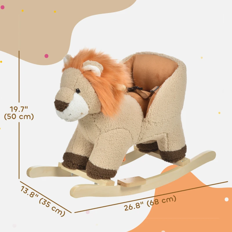 Qaba Baby Rocking Horse Lion Design Plush Stuffed Rocking Chair, Wooden Rocking Horse with Sound, Seat Belt for Boys and Girls Gift, Brown