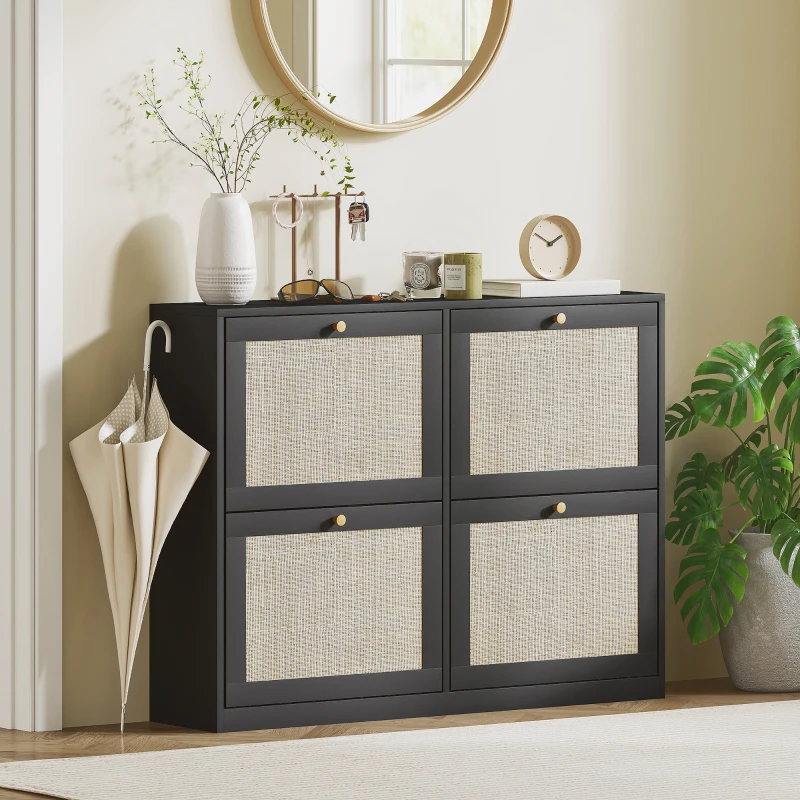 HOMCOM Narrow Shoe Storage Cabinet, Rattan Shoe Cabinet with 4 Flip Drawers and Adjustable Shelves for 20 Pairs, Black