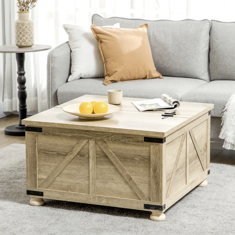 HOMCOM Farmhouse Coffee Table, Square Center Table with Flip-top Lids, Hidden Storage Compartment and Wooden Legs, Oak