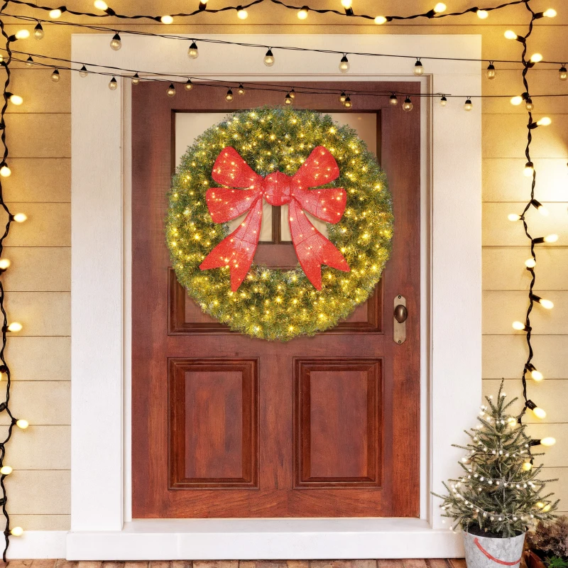 HOMCOM 36in Pre-Lit Christmas Wreath with 3D Red Bow, 11 Lighting Modes, Front Door Christmas Wreath with Remote