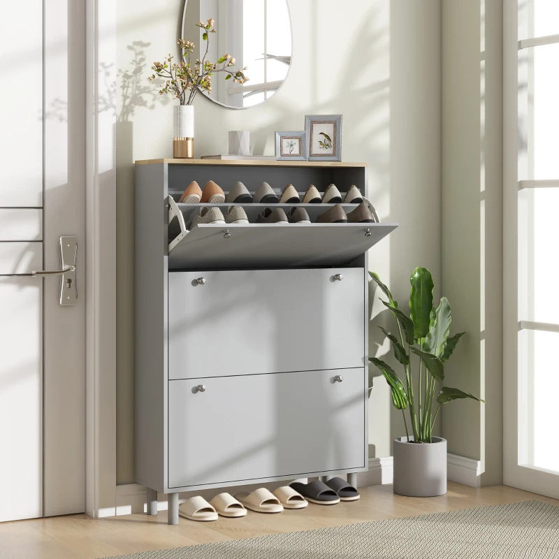 HOMCOM Entryway Shoe Storage Small Modern Flip-Flop Shoe Cabinet with 3 Flip Drawers Adjustable Shelves for 24 Pairs of Shoes, Grey