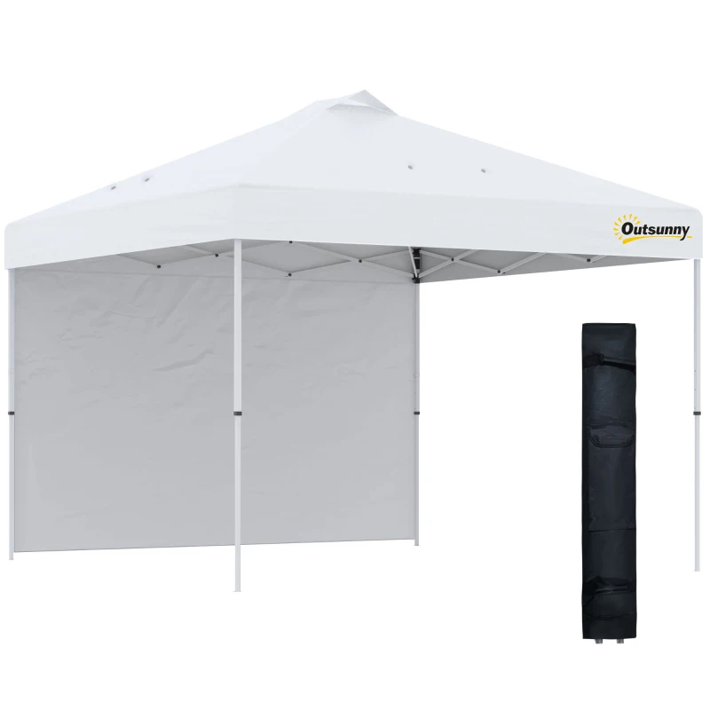 Outsunny 10' x 10' Pop Up Canopy Tent with Adjustable Height, 1 Sidewall, and Wheeled Carry Bag for Outdoor, Garden, Patio, White