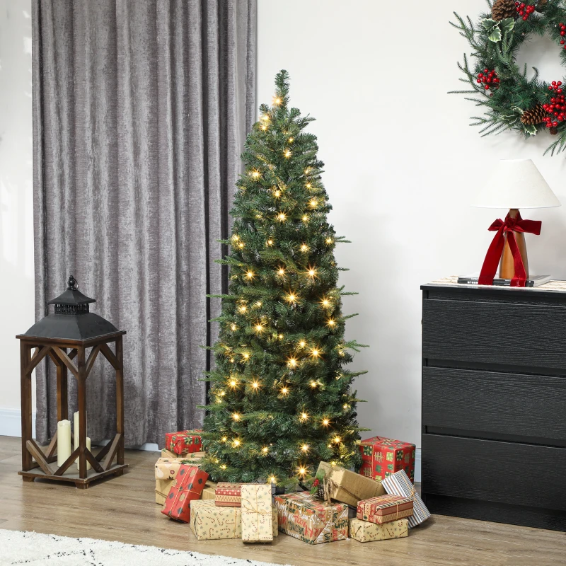 HOMCOM 5 ft Prelit Pop Up Christmas Tree, Collapsible Artificial Xmas Tree with Metal Stand for Holiday Decor, Green