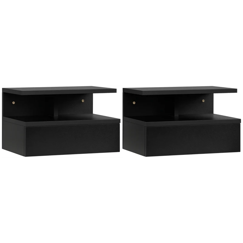 HOMCOM Floating Nightstand Set of 2, Wall Mounted Bedside Table with Drawer and Shelf, Small Night Stand for Bedroom, Black