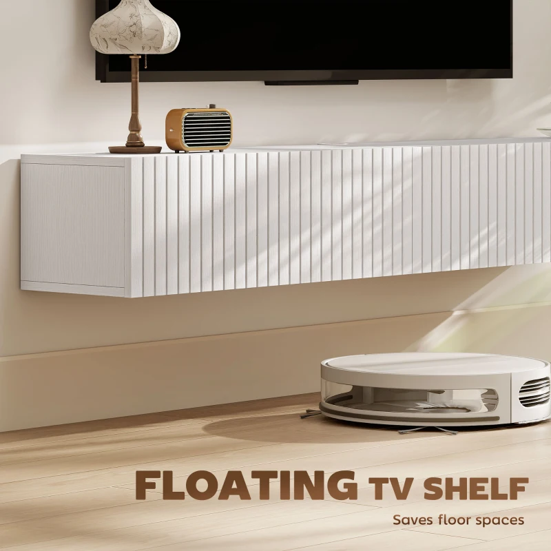 HOMCOM 55" Floating TV Stand for TVs up to 72 Inch, Wall Mount Media Console with 2 Fluted Flip-Down Doors, Cable Hole, White
