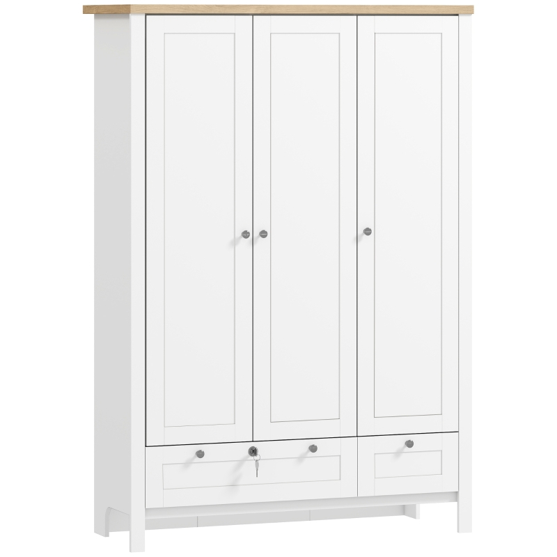 HOMCOM 3 Doors Wardrobe Closet with 2 Drawers, Bedroom Armoire with Lockable Drawer, Hanging Rod and Storage Shelves, White