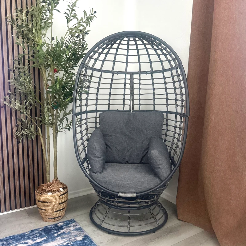 Outsunny Wicker Egg Chair, 360 Rotating Indoor Outdoor Boho Basket Seat with Cushion and Pillows for Backyard, Porch, Patio, Garden, Handwoven All-Weather PE Rattan, Steel Frame, Gray