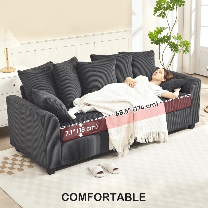HOMCOM Corduroy Couch, 3 Seater Sofa, Modern Upholstered Couch with Curved Armrests and 8 Removable Pillows, Dark Grey
