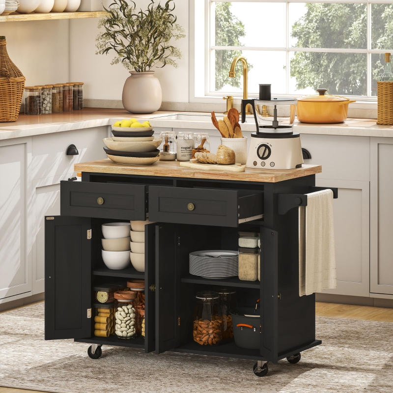 HOMCOM Rolling Kitchen Island with Rubber Wood Top,Drawers, Spice Rack, Towel Rack, Black