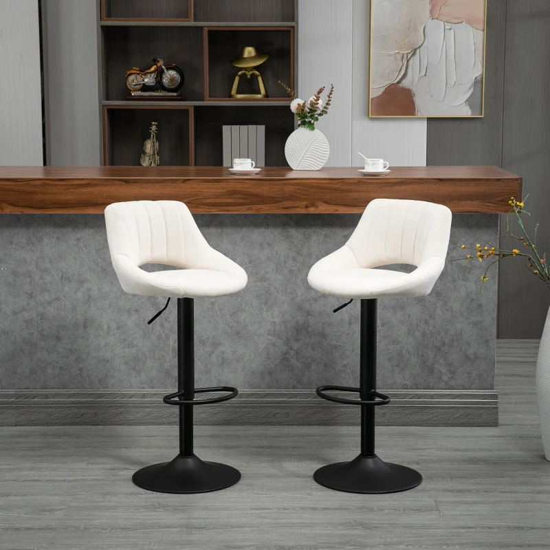 HOMCOM Bar Stools Set of 2, Swivel Counter Height Barstools with Adjustable Height, Linen Upholstered Bar Chairs with Round Metal Base and Footrest, Cream