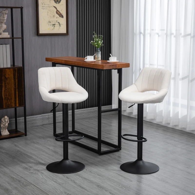 HOMCOM Bar Stools Set of 2, Swivel Counter Height Barstools with Adjustable Height, Linen Upholstered Bar Chairs with Round Metal Base and Footrest, Cream
