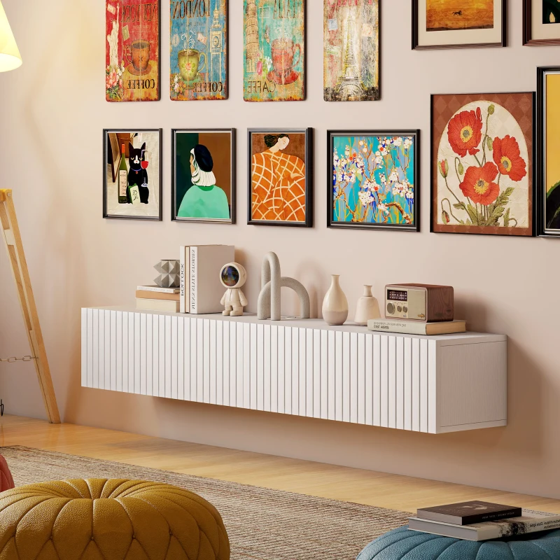 HOMCOM 55" Floating TV Stand for TVs up to 72 Inch, Wall Mount Media Console with 2 Fluted Flip-Down Doors, Cable Hole, White