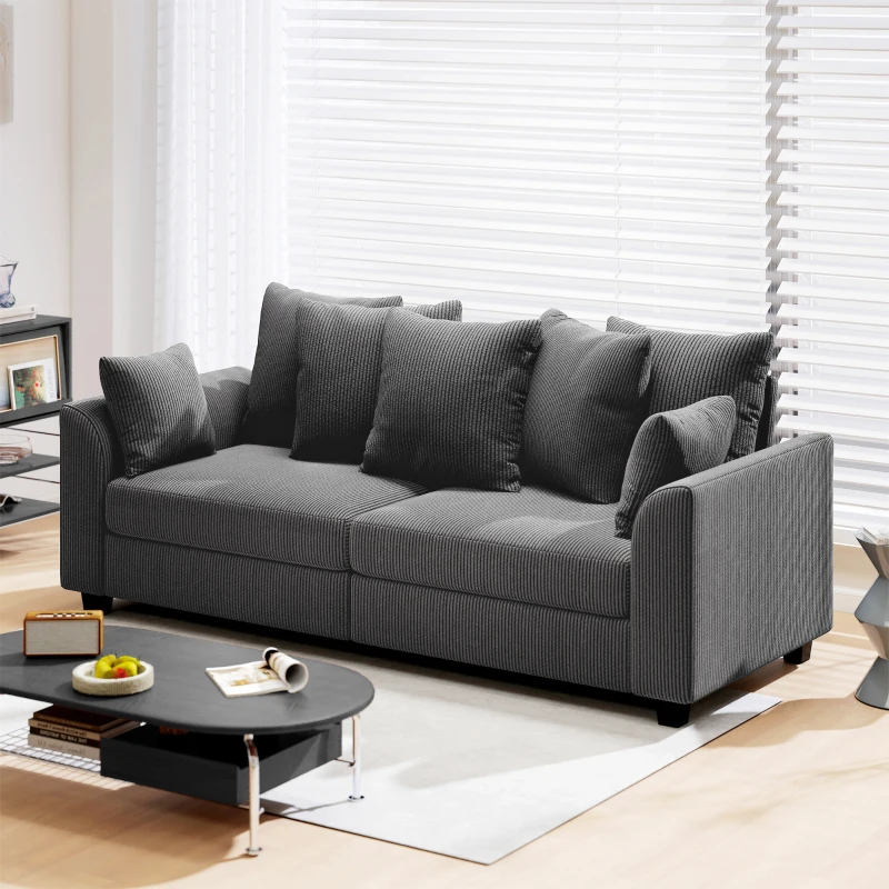 HOMCOM Corduroy Couch, 3 Seater Sofa, Modern Upholstered Couch with Curved Armrests and 8 Removable Pillows, Dark Grey