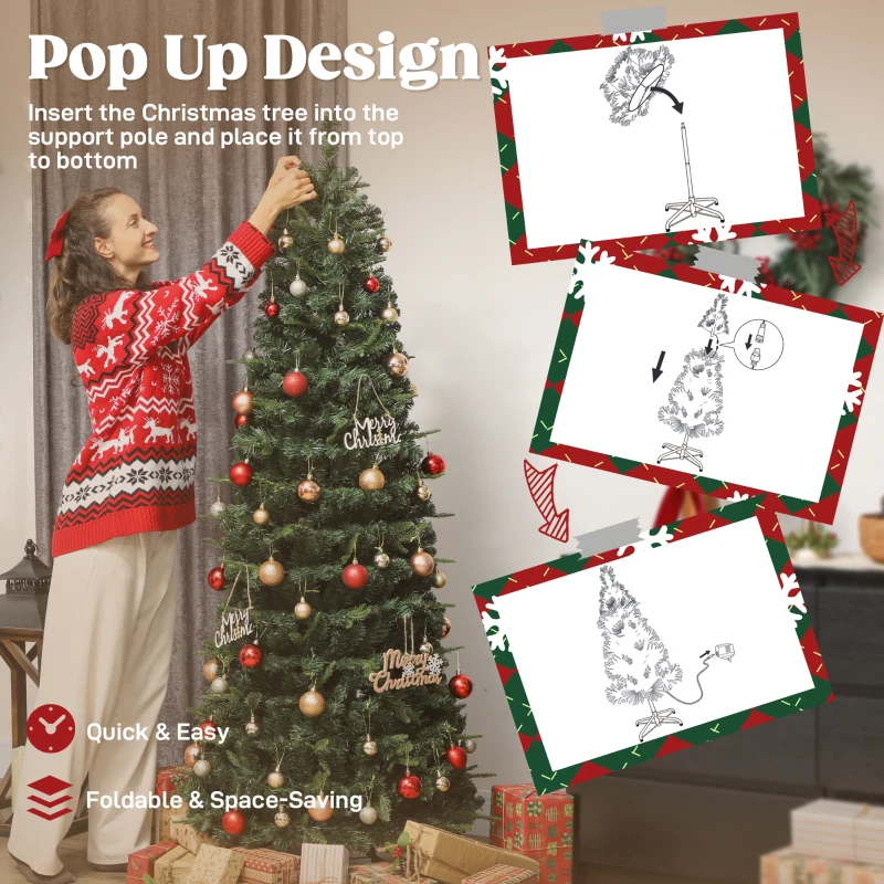HOMCOM 6 ft Prelit Pop Up Christmas Tree, Collapsible Artificial Xmas Tree with Metal Stand for Holiday Decor, Green