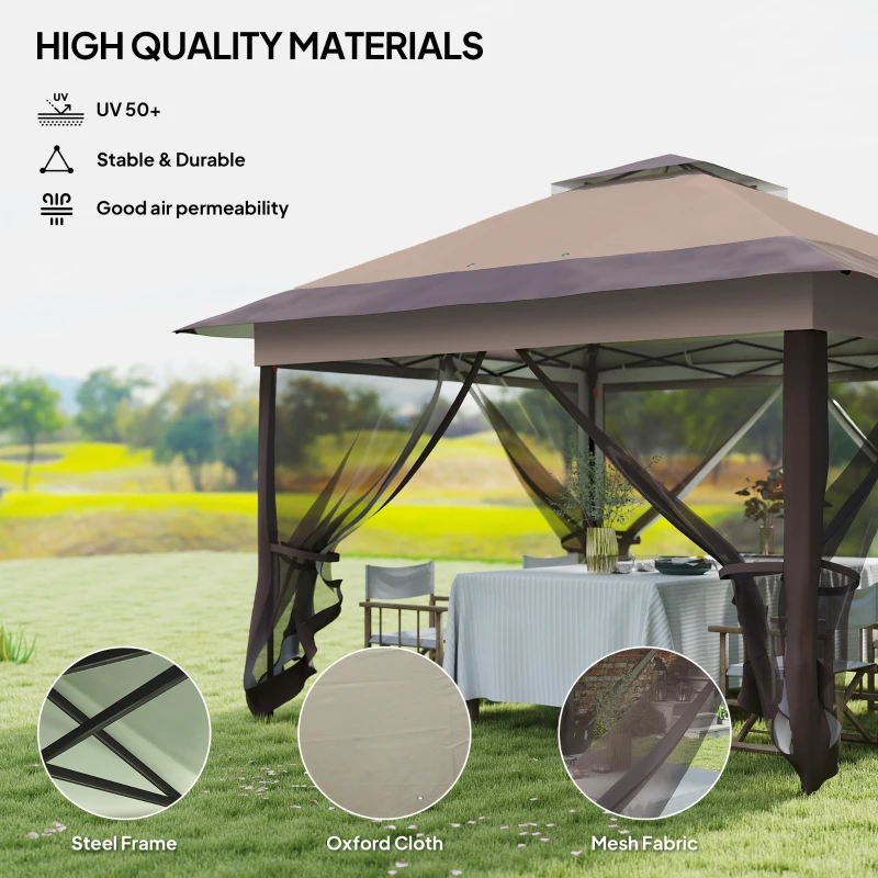 Outsunny 12' x 12' Foldable Pop-up Party Tent Instant Canopy Sun Shade Gazebo Shelter Steel Frame Oxford w/ Roller Bag, Brown